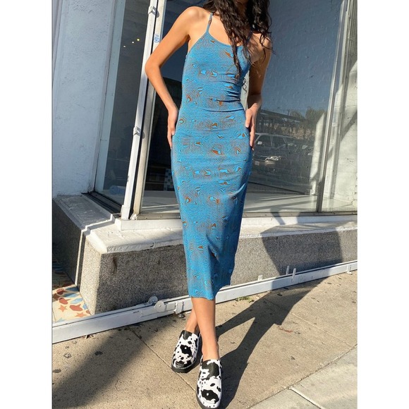 Paloma Wool Luz Slinky Midi Dress Size Large Zebra Print Mosaic Blue 90s Y2K - Picture 12 of 16